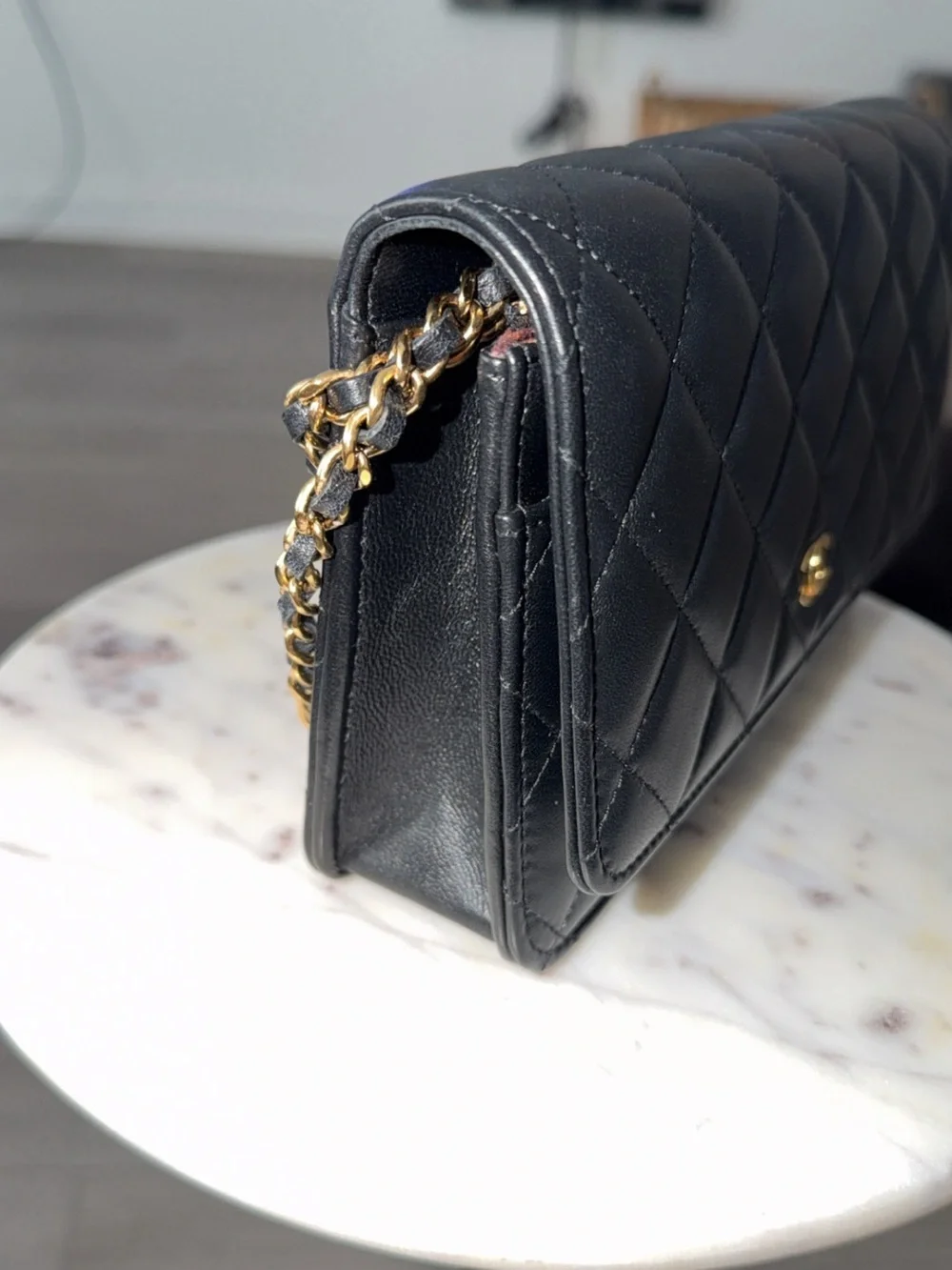 CHANEL Black Quilted Lambskin Crossbody with Gold Chain